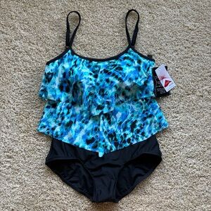 Maxine of Hollywood Tiered Tankini Swimsuit Size 12 Blue Ruffle One Piece NWT